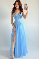 Blue Sweetheart Sleeveless Ruching Corset A-Line High Slit Floor Length Formal Dress