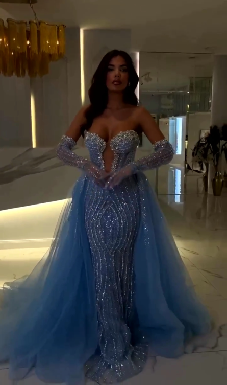 Blue Sweetheart Sleeveless Sequined Mermaid Tulle Overskirt Floor Length Evening Gown