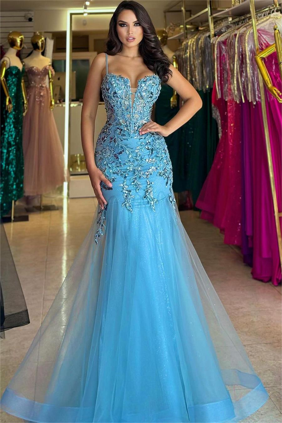 Blue Sweetheart Spaghetti Strap Appliqued Mermaid Tulle Floor Length Formal Evening Gown