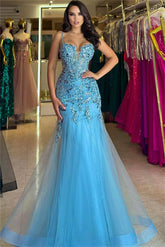 Blue Sweetheart Spaghetti Strap Appliqued Mermaid Tulle Floor Length Formal Evening Gown
