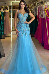 Blue Sweetheart Spaghetti Strap Appliqued Mermaid Tulle Floor Length Formal Evening Gown