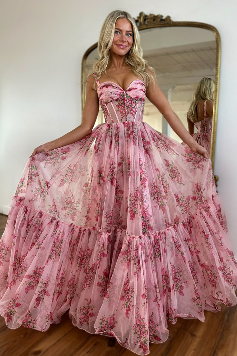 Blush A-Line Long Corset Prom Dress with Floral Print misshow.com Blush A-Line Long Corset Prom Dress with Floral Print misshow.com