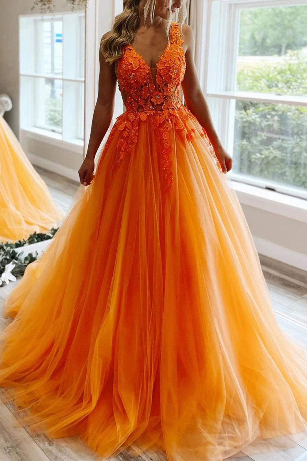 Blush A-Line Princess Prom Dress with Deep V-Neck and Appliques