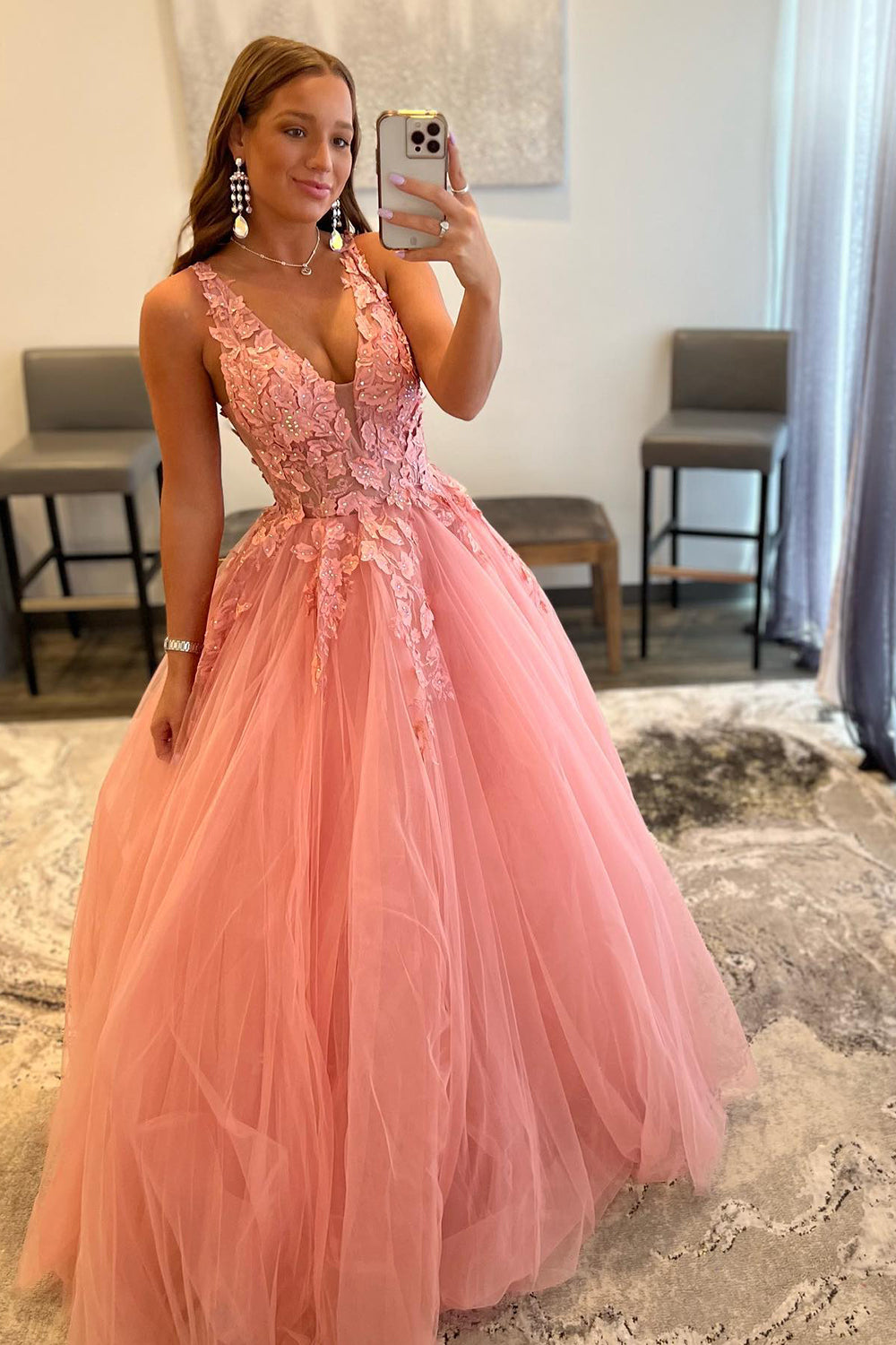 Blush A-Line Princess Prom Dress with Deep V-Neck and Appliques