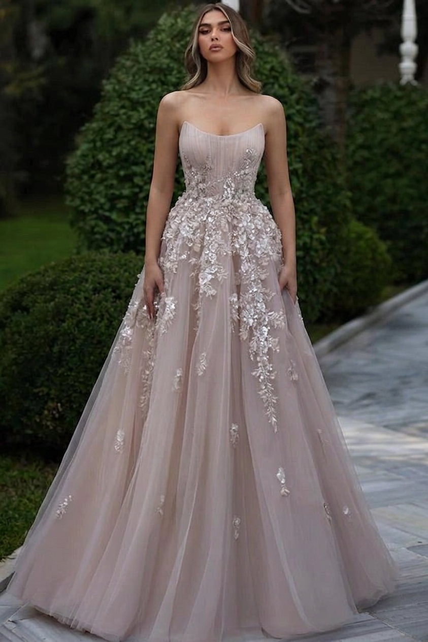 Blush Champagne A-Line Prom Dress Strapless Boned Corset 3D Floral Lace Beaded Tulle with Detachable High Neck Cape Luxury Evening Gown