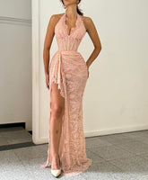 Blush Halter Deep V-Neck Lace Mermaid High Slit Sweep Train Floor Formal Evening Dress
