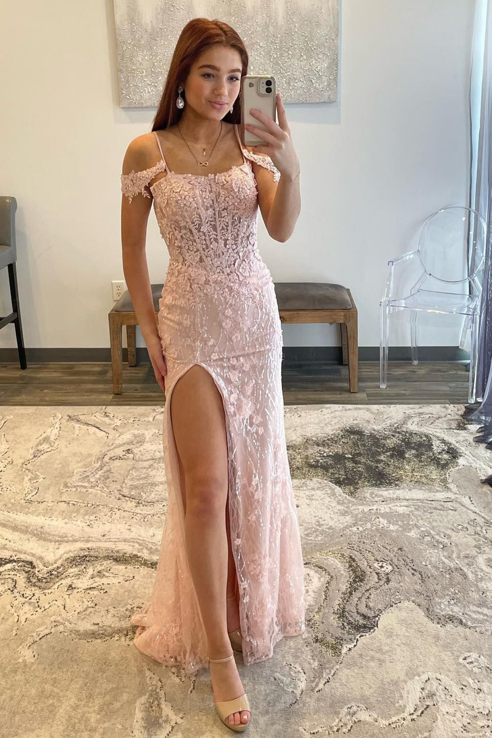 blush off the shoulder prom dress Amarra A-Line Long Ruffled Prom Ball Gown 88790 Blush Pink / 000