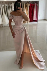 Blush Off-the-shoulder Sleeveless Mermaid Satin Rhinestone Floor Length Evening Gown