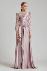 Blush Pink High Neck Beaded Lace Long Sleeve Draped Satin A-Line Floor Formal Evening Gown