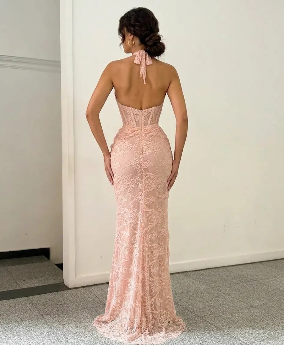 Blush Pink Lace Mermaid Evening Dress Halter Deep V-Neck Corset Bodice Draped Waist High Slit Open Back Sweep Train Formal Gown