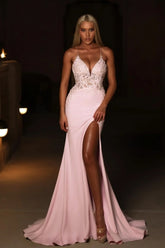 Blush Pink Mermaid Evening Dress Spaghetti Straps Deep V-Neck Illusion Lace Applique Criss-Cross Back Formal Gown with Slit