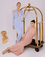 Blush Pink Off-Shoulder Long Sleeve Twist Knot Cutout Open Back Bodycon Maxi Formal Evening Dress