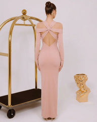 Blush Pink Off-Shoulder Long Sleeve Twist Knot Cutout Open Back Bodycon Maxi Formal Evening Dress