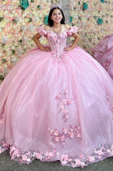 Blush Pink Off-Shoulder Short Sleeve 3D Floral Applique Ball Gown Quinceanera Dress