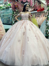 Blush Pink Off-Shoulder Sleeveless Floral Applique Rhinestone Ball Gown Quinceanera Dress