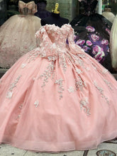 Blush Pink Off-Shoulder Sleeveless Lace Applique 3D Flower Ball Gown Quinceanera Dress