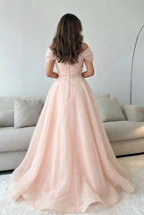 Blush Pink Off-the-Shoulder Short Sleeve Organza Ruffled Ball Gown Formal Evening Gown