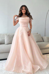 Blush Pink Off-the-Shoulder Short Sleeve Organza Ruffled Ball Gown Formal Evening Gown