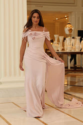 Blush Pink Off-the-Shoulder Sleeveless Mermaid Satin Ruffled 3D Floral Formal Evening Gown