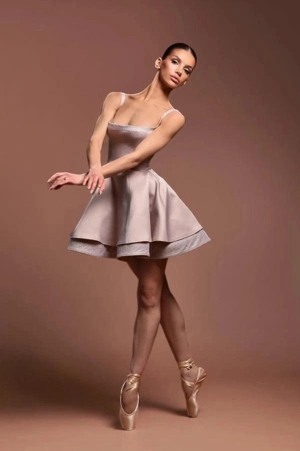 Blush Pink Satin Corset Mini Dress Square Neck Crystal Trim Tiered Ball Gown Skirt Ballet Inspired Party Gown