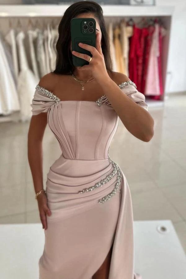 Blush Pink Satin Off Shoulder Mermaid Evening Gown Boned Corset Crystal Chain Ruched Waist High Slit Sweep Train Prom Dress