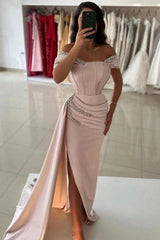 Blush Pink Satin Off Shoulder Mermaid Evening Gown Boned Corset Crystal Chain Ruched Waist High Slit Sweep Train Prom Dress