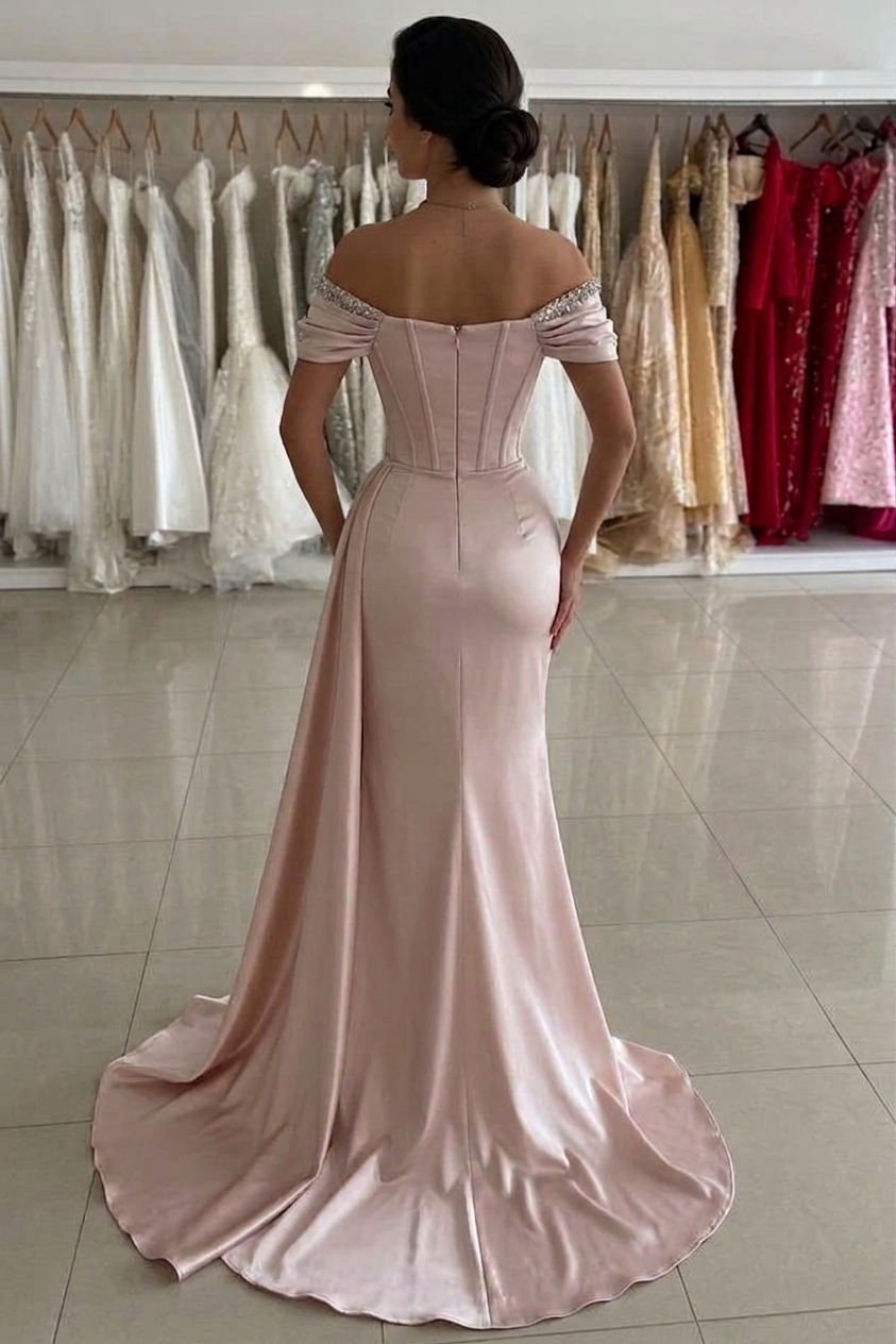 Blush Pink Satin Off Shoulder Mermaid Evening Gown Boned Corset Crystal Chain Ruched Waist High Slit Sweep Train Prom Dress