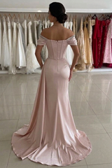 Blush Pink Satin Off Shoulder Mermaid Evening Gown Boned Corset Crystal Chain Ruched Waist High Slit Sweep Train Prom Dress