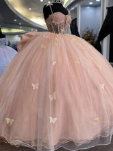 Blush Pink Spaghetti Straps Beaded Butterfly Applique Bow Ball Gown Quinceanera Dress