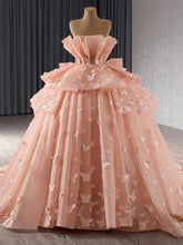 Blush Pink Strapless Sleeveless Butterfly Applique Ruffle Ball Gown Quinceanera Dress