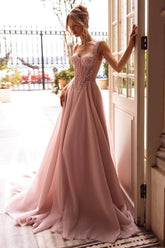 Blush Pink Sweetheart Sleeveless A-Line Tulle Appliques Floor Length Formal Evening Gown