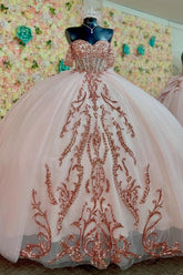 Blush Pink Sweetheart Sleeveless Rose Gold Beaded Applique Bow Ball Gown Quinceanera Dress