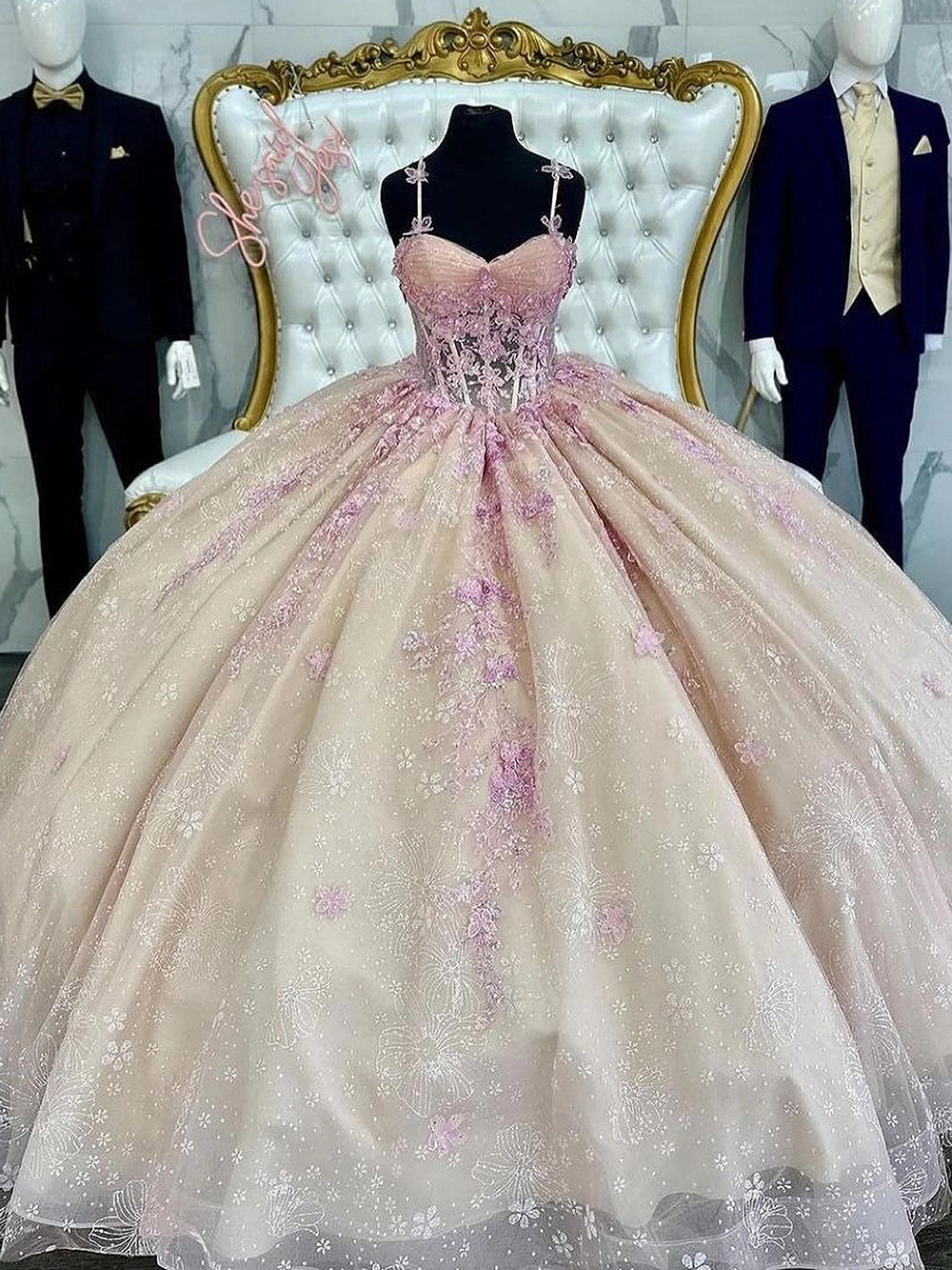 Blush Pink Sweetheart Spaghetti Straps Sequin Lace Applique Ball Gown Quinceanera Dress