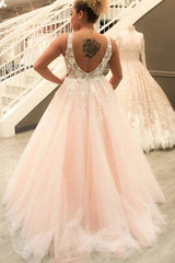 Champagne v-neck applique A-line wedding dress