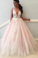Pink v-neck applique A-line wedding dress