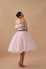 Blush Pink Tulle Strapless Cocktail Dress 3D Floral Bodice Black Velvet Bow Belt Layered Ball Gown Tea Length Ballet Inspired