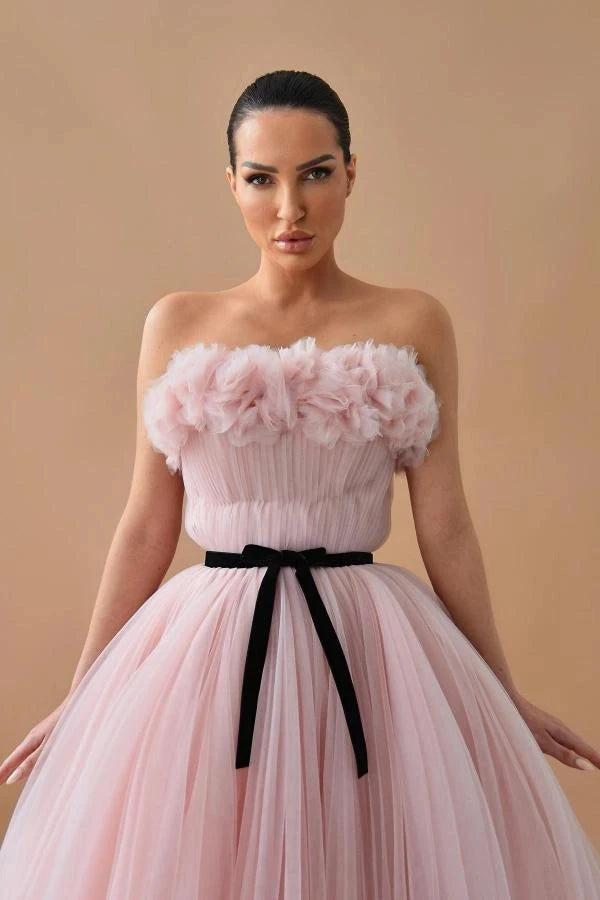Blush Pink Tulle Strapless Cocktail Dress 3D Floral Bodice Black Velvet Bow Belt Layered Ball Gown Tea Length Ballet Inspired