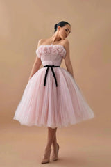 Blush Pink Tulle Strapless Cocktail Dress 3D Floral Bodice Black Velvet Bow Belt Layered Ball Gown Tea Length Ballet Inspired