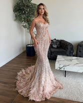 Blush Rhinestone Off Shoulder Sequin Mermaid Feather Floor Length Formal Evening Dress