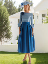 Boat Neck 3/4 Sleeve A-Line Princess Dress for Mother of the Bride & Groom with Floral Accent and Belt