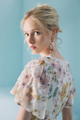 Boho Colorful Tea Length V-neck A-line Printed Dress with Short Sleeves