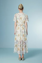 Boho Colorful Tea Length V-neck A-line Printed Dress with Short Sleeves