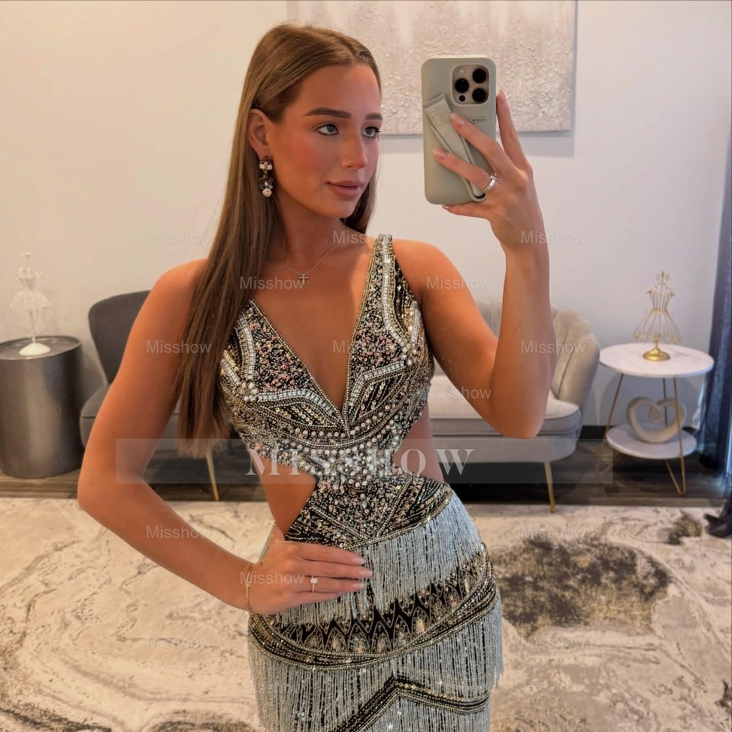 Boho Long Mermaid Silver V-neck Sleeveless Beaded Prom Dress with Slit