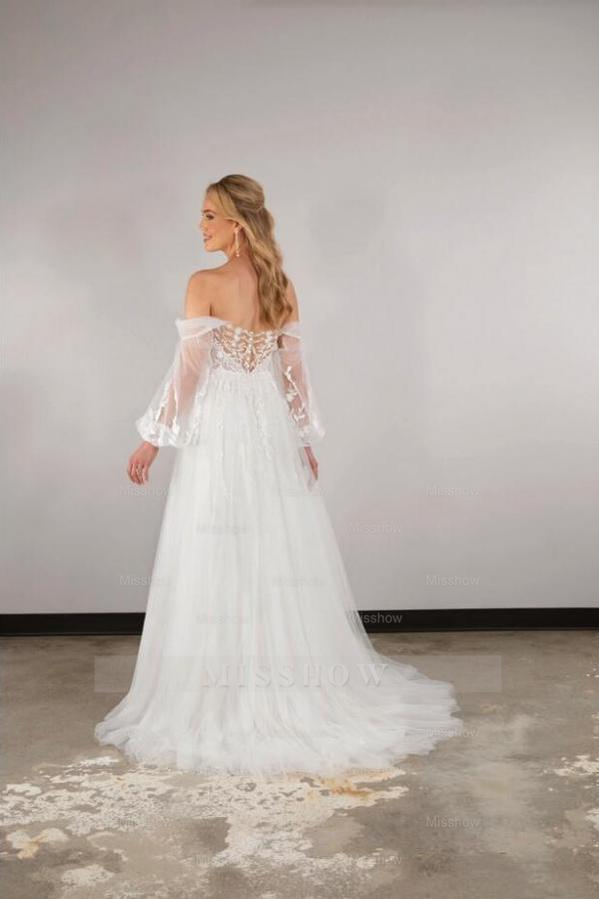 Boho Long White A-line Off-the-shoulder Lace Wedding Dresses with Long Sleeves