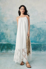 Boho Long White Halter Lace Sleeveless Dress
