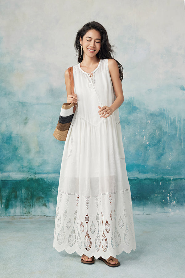 Boho Long White Sleeveless Lace Dress