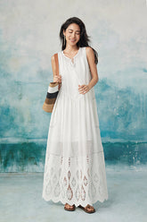 Boho Long White Sleeveless Lace Dress