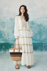 Boho Long White V-neck Long Sleeves Dress