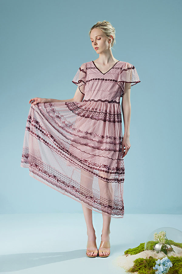 Boho Pink Tea Length V-neck Lace Dress with Short Sleeves