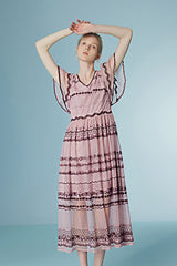 Boho Pink Tea Length V-neck Lace Dress with Short Sleeves